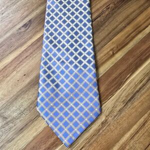 Kailong‎ Silk Neck Tie Mens Blue Gold Geometric Diamond Hand Made Woven Business